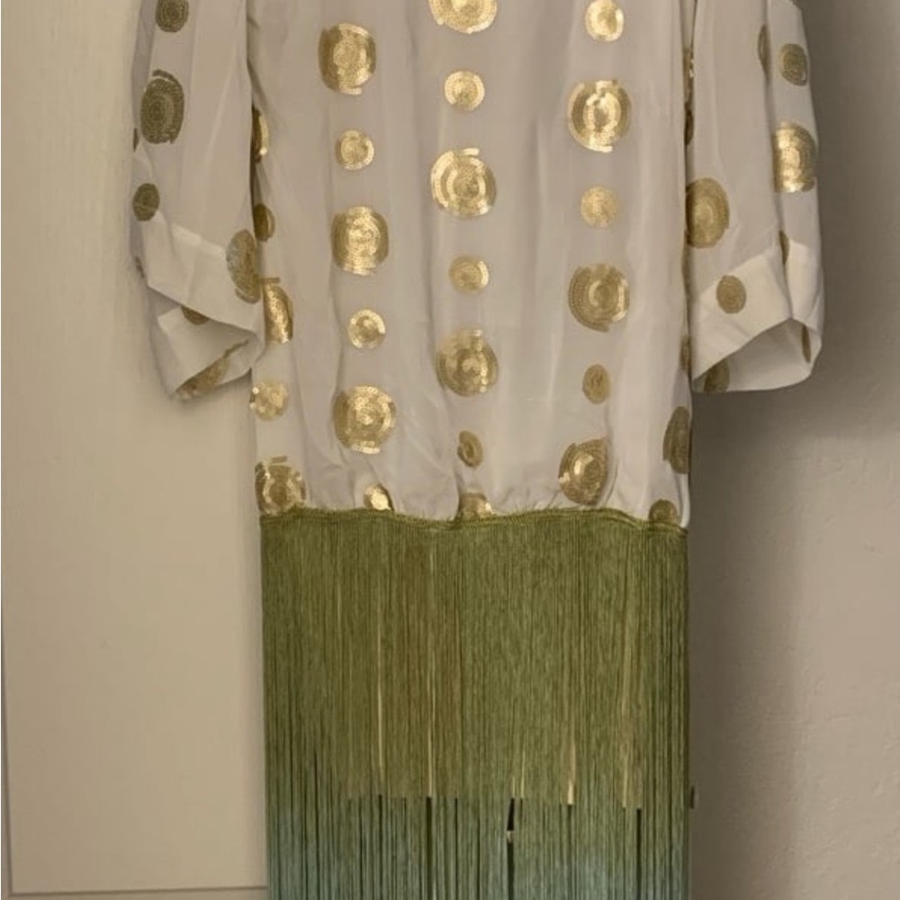 Off White and Bronze sequence Dress with Ombre Fringe.
